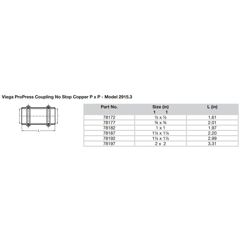 Viega ProPress 112 Copper Coupling wo Stop Double Press Connection Smart Connect Technology 78192